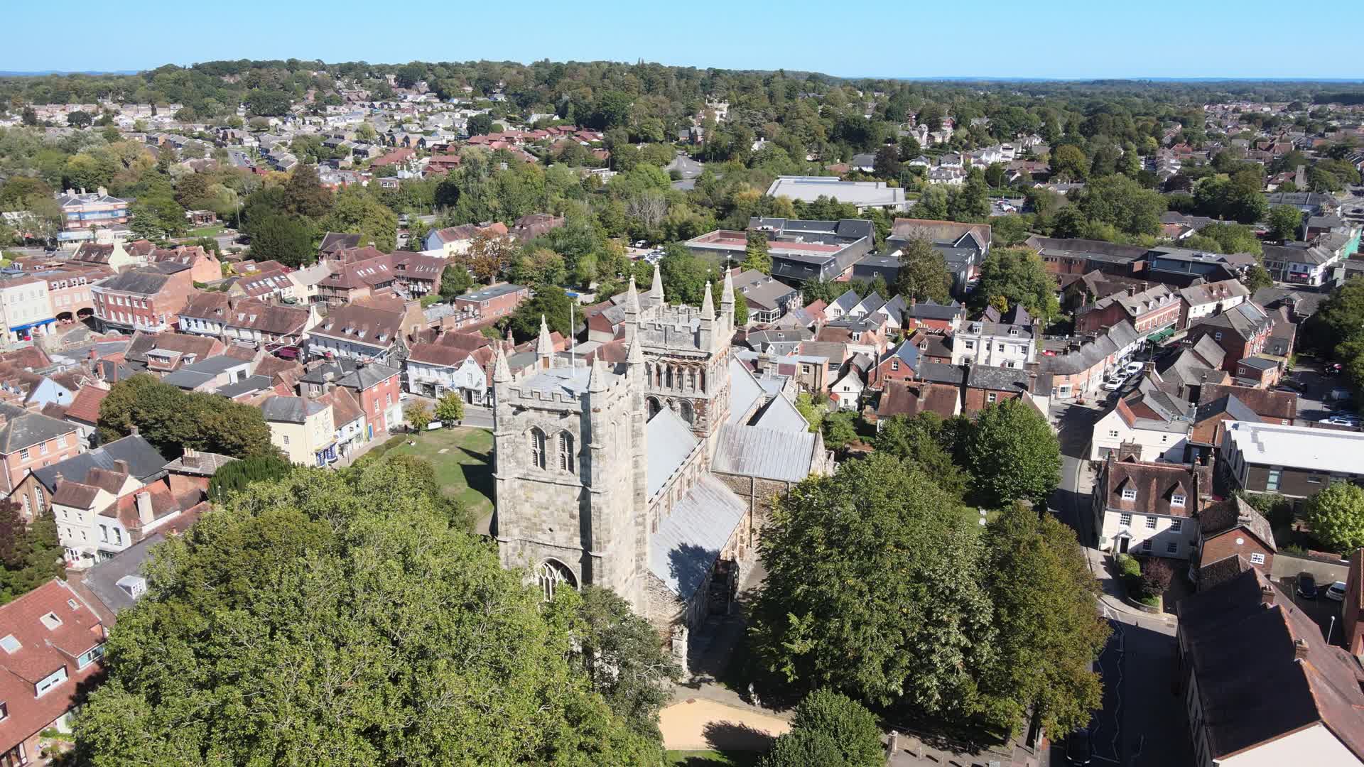 Aerial view of Wimborne's High Street and surrounding rooftops