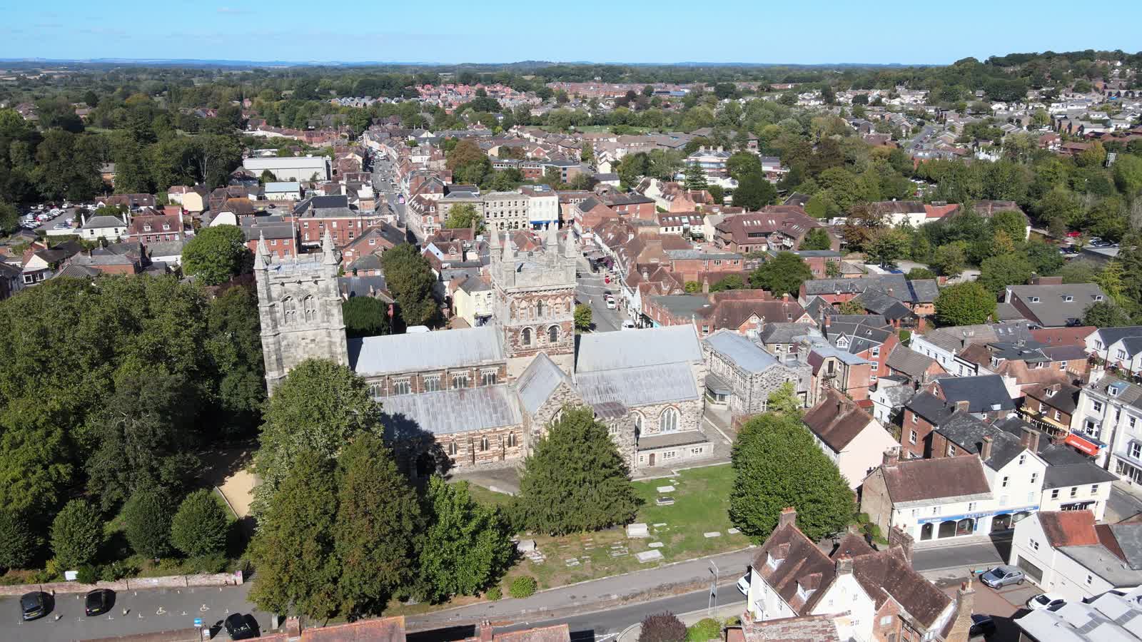 Aerial view of Wimborne Minster and the surrounding town